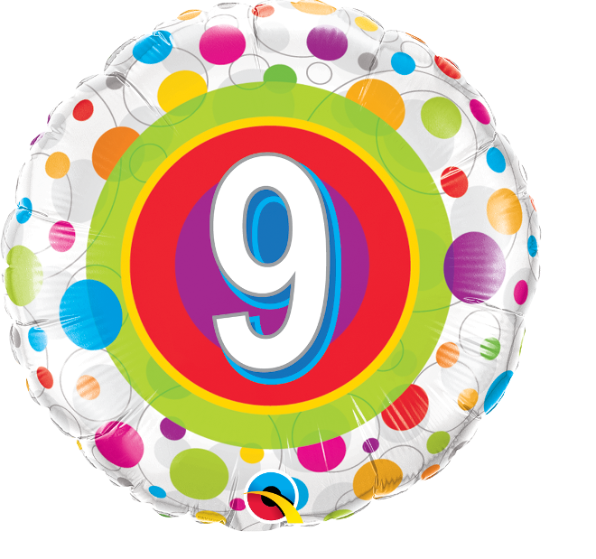 Balon foliowy 18" - 46 cm,  urodziny 9 kolorowe kropki